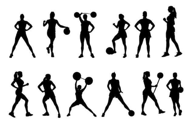 A series of silhouettes of women doing various sports