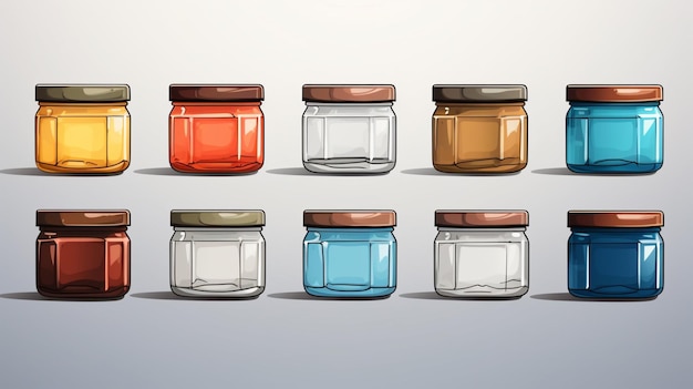 Vettore una serie di piccoli barattoli di vetro con coperchi di diversi colori