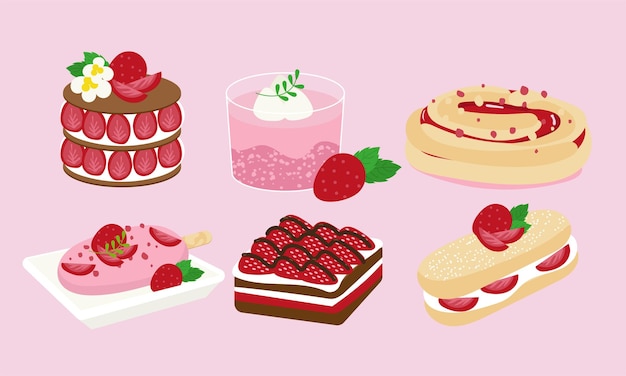 Vector a series of strawberry dessert in cute flat color style vector set 5