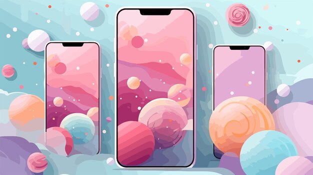 Vector a series of three cell phones with different colors and shapes