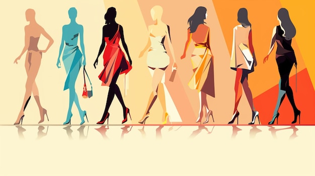 Vector a series of women walking in different colors