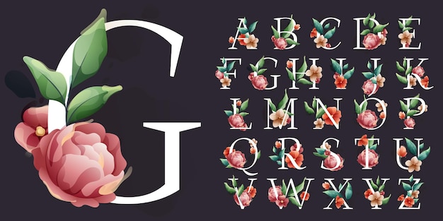 Serif alphabet in watercolor style with flowers and leaves Herbs like peonies chamomile and buds