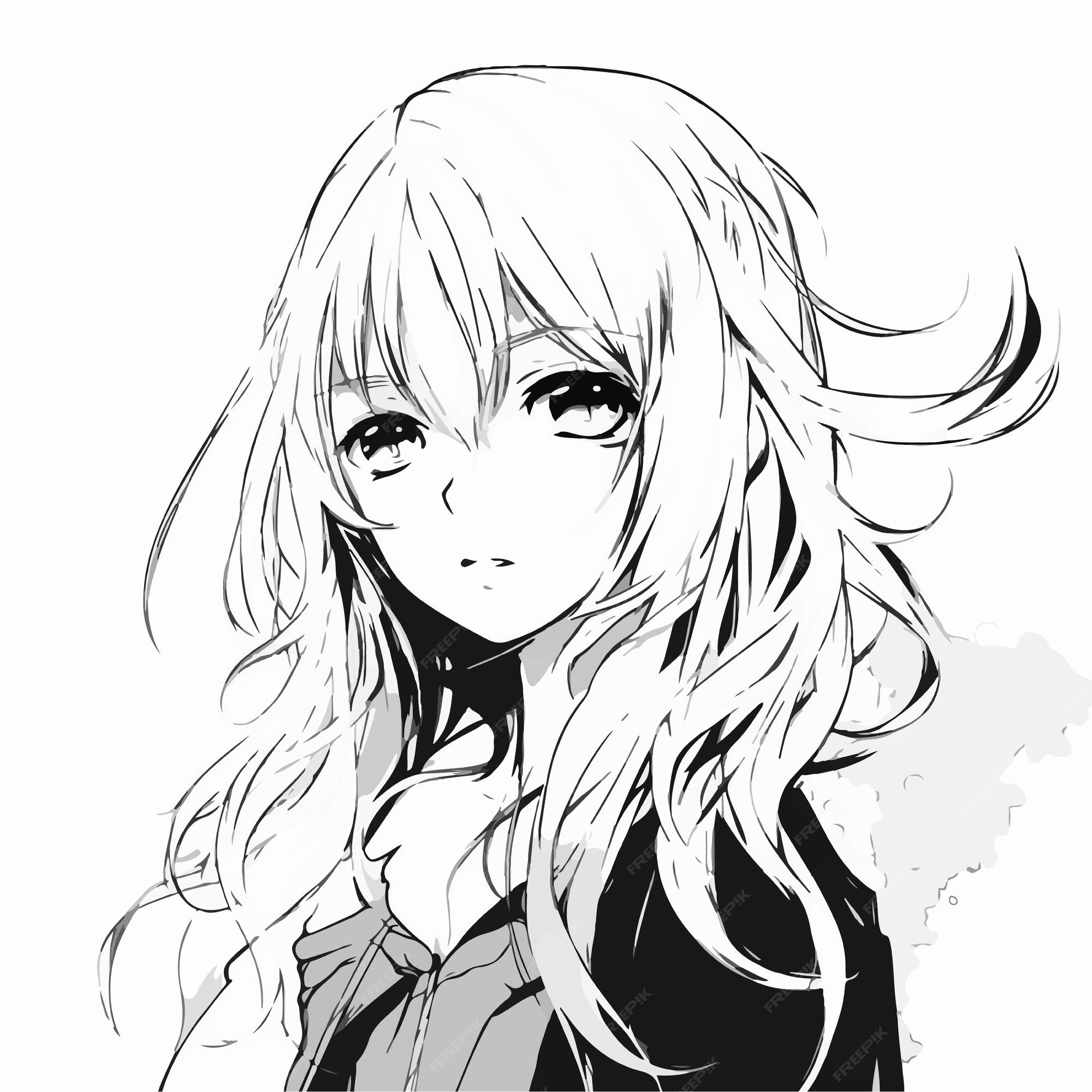 Portret Sad Anime Girl. Icon Portrait. Black and White Lines