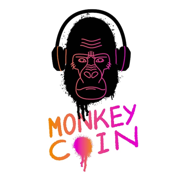 Серьезное лицо обезьяны с наушниками в стиле городских уличных граффити Цитата монета обезьяны в стиле y2k Обезьяна NFT Текстурированная иллюстрация Черный логотип на белом фоне Векторная иллюстрация