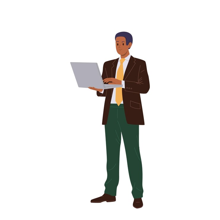 Vector serious banker financial analyst bank administrator cartoon character standing with laptop