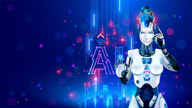 Serious beautiful robot woman or girl cyborg looks in eyes AI in image female electronic robotic humanoid machine Future cybernetic artificial intelligence technology Portrait sexy model cyborg