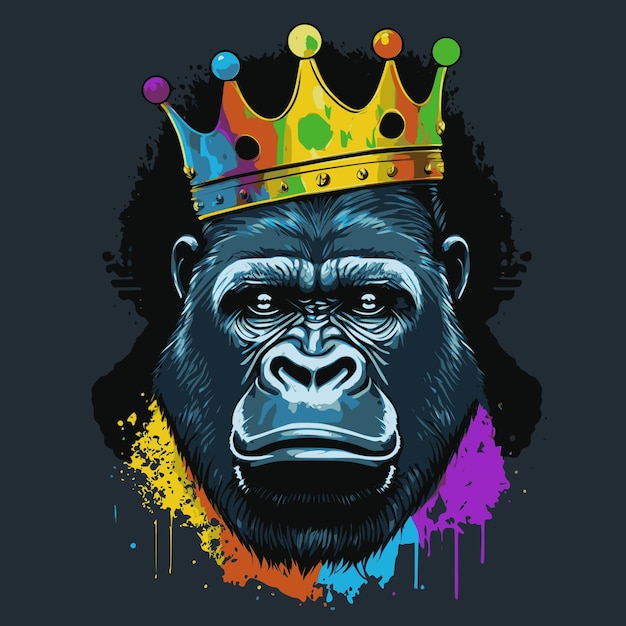 A serious gorilla with a crown on its head, graffiti artwork style.