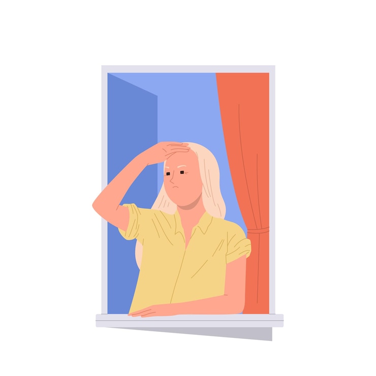 Vector serious woman cartoon character looking out of home window searching someone outside on street