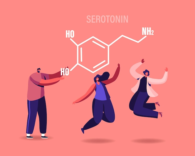 Illustrazione di serotonina. personaggi che si godono la vita grazie alla produzione di ormoni nell'organismo.