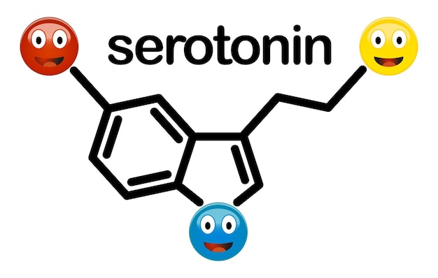 Serotonin neurotransmitter chemical structure with emoji smileys in place of oxygen and hydrogen molecules. concept of serotonin as source of good mood and happiness.