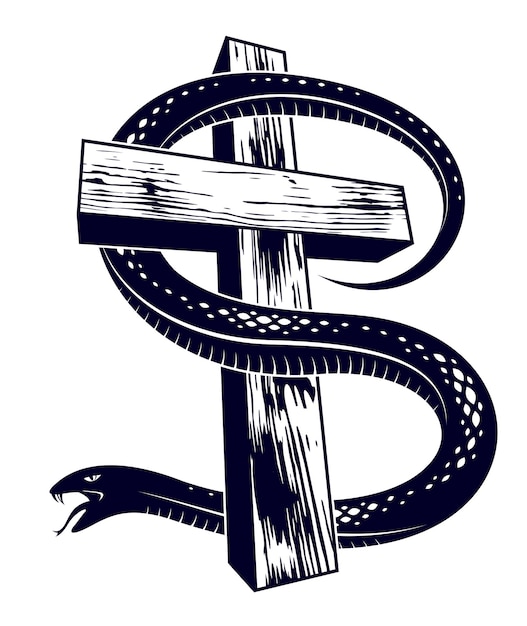 Serpent on a Cross vintage tattoo, snake wraps around Christian cross, God and Devil allegory, the struggle between good and evil, symbolic vector illustration logo or emblem.