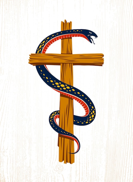 Serpente su un tatuaggio vintage croce, serpente avvolge la croce cristiana, l'allegoria di dio e diavolo, la lotta tra il bene e il male, il logo o l'emblema dell'illustrazione simbolica di vettore.