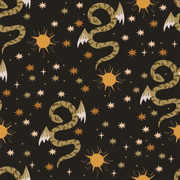 Serpent fairytale characters Stars night Seamless pattern Vector illustration