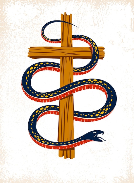 Винтажная татуировка змея на кресте, змея, обвивающая христианский крест, аллегория бога и дьявола, борьба между добром и злом, символическая векторная иллюстрация логотипа или эмблемы.