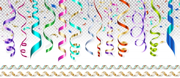 Serpentine of different colors and flying confetti on a transparent background.