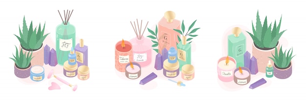 Vector serum,creams,candles,oil,crystals,diffuser and aloe illustration bundle