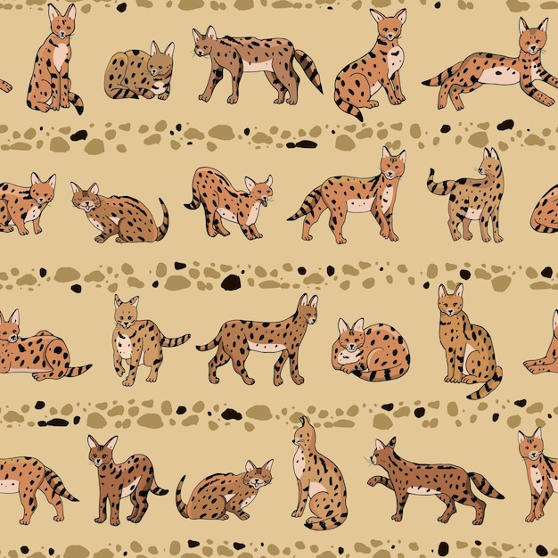 Serval cat animal vector seamless doodle pattern