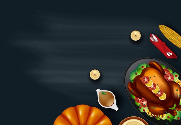 Vector served split roasted stuffed small turkey and vegetables, top view copyspace background