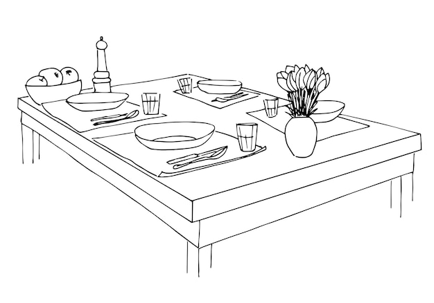 Served table. Plates, glasses, knives, forks and a vase with flowers on the table. Hand drawn sketch of the table. Vector illustration.