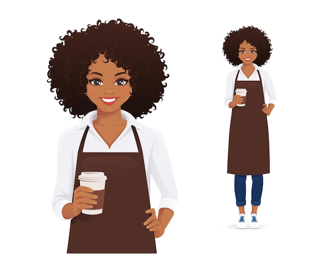 Serveerster of barista lachende vrouw met afro kapsel in zwarte schort met koffiekopje geïsoleerde vectorillustratie