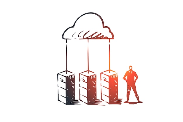 Сервер, облако, система, база данных, концепция хранения. нарисованный рукой эскиз концепции центра хранения и менеджера.