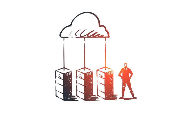 Vector server, cloud, system, database, storage concept. hand drawn storage center and manager concept sketch.