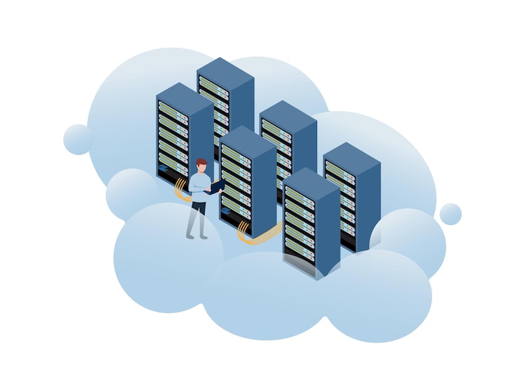 Vector server, data center storage on cloud, cloud server concept, vector illustration