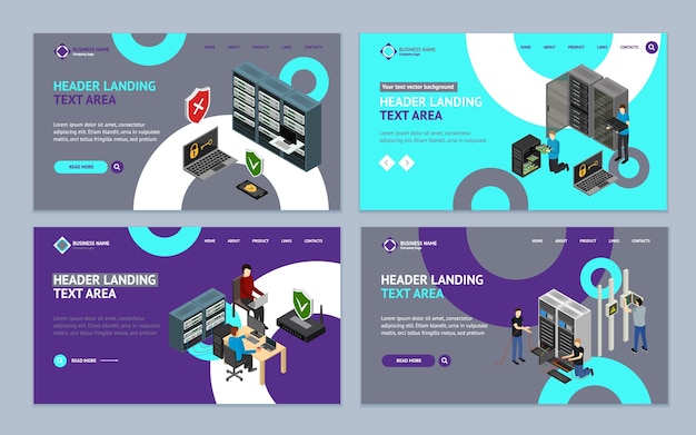 Server hardware landing web page template set isometric view vector illustration of icon technology network computer