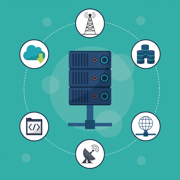 Server icon in closeup and networking icons around