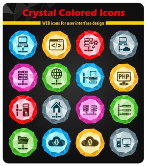 Icone del server su cristalli di pulsanti colorati luminosi