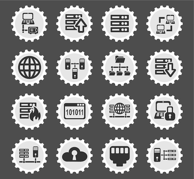 Server icons on stylized round postage stamps