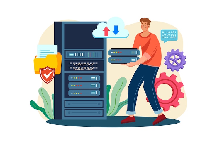 Vector server maintenance illustration concept a flat illustration isolated on white background