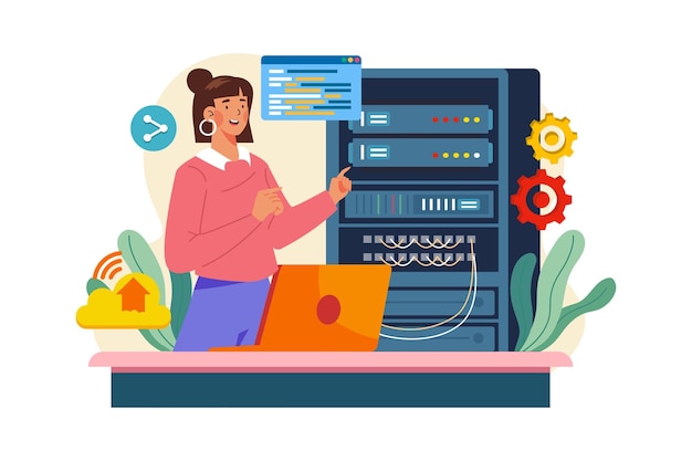 Vettore concetto di illustrazione della manutenzione del server un'illustrazione piatta isolata su sfondo bianco