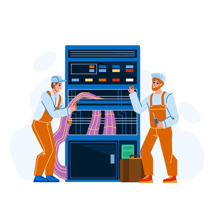 Vector server management and technician support vector. server management and technical maintenance making men electric workers. characters computer repair service flat cartoon illustration