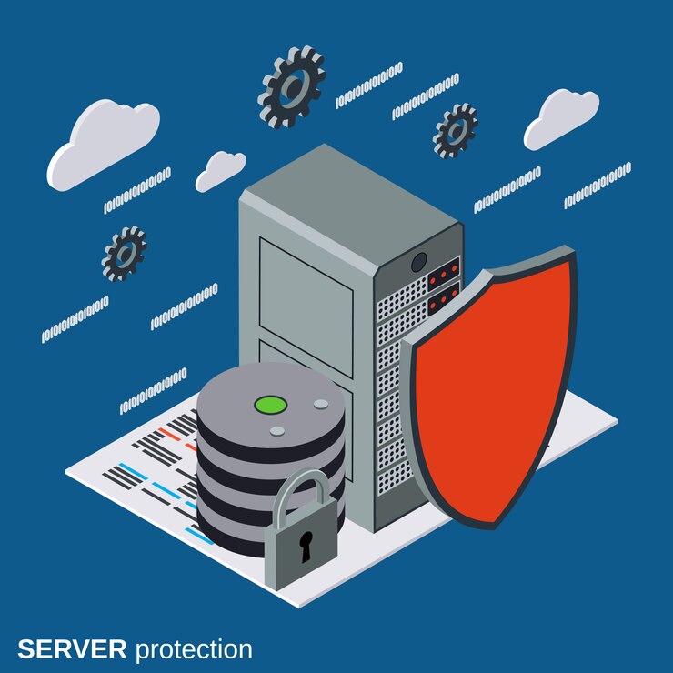 Vector server protection, network security flat isometric  concept 