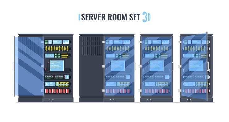Vector server rack, set of color cartoon server room 