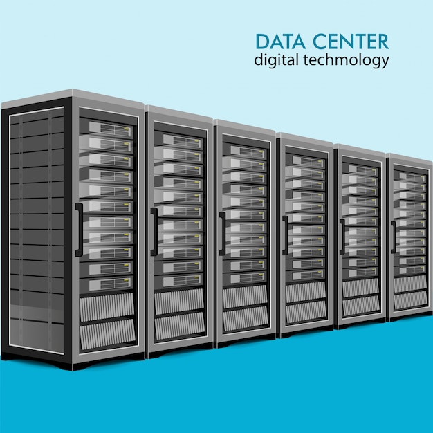 Concetto della stanza del server, centro della banca di dati, illustrazione piana di web hosting.