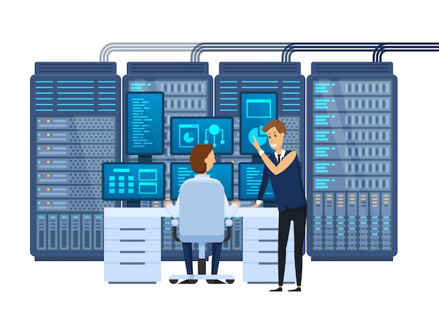 Vettore sala server che equipaggia il database di monitoraggio sul posto di lavoro dell'amministratore di rete