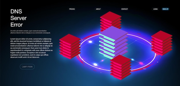 Vector server room isometric, cloud storage data, data center, big data processing and computing technology. dns server error and global failure of all social networks