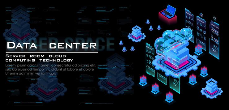Vector server room with powerful data computation streams process of work server processing center and data calculation through web hosting data center and cloud computing isometric concept