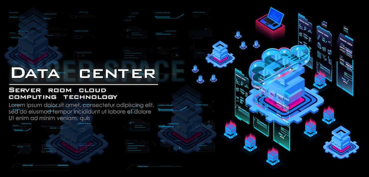 Vector 강력한 데이터 연산 스트림이 있는 서버실 웹 호스팅을 통한 서버 처리 센터 및 데이터 계산의 프로세스 데이터 센터 및 클라우드 컴퓨팅 아이소메트릭 개념