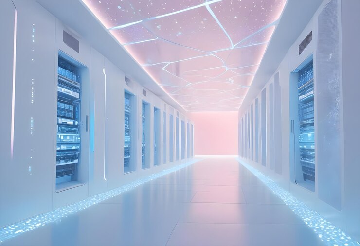 Vector a server room with rows of metal servers lined up in a white room with blue lights the ceiling has a pink crystalline pattern