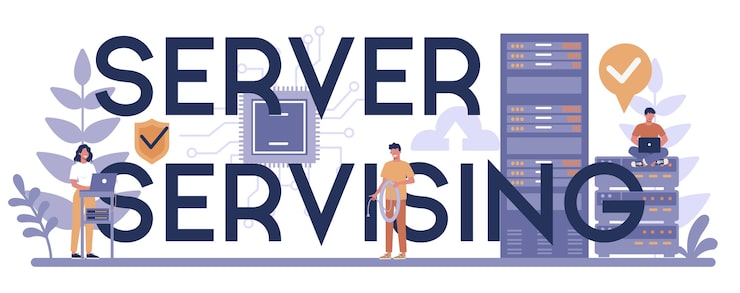 Vector server servising typographic header concept. system administrator working on computer and doing technical work with server. configuration of computer systems and networks. vector illustration