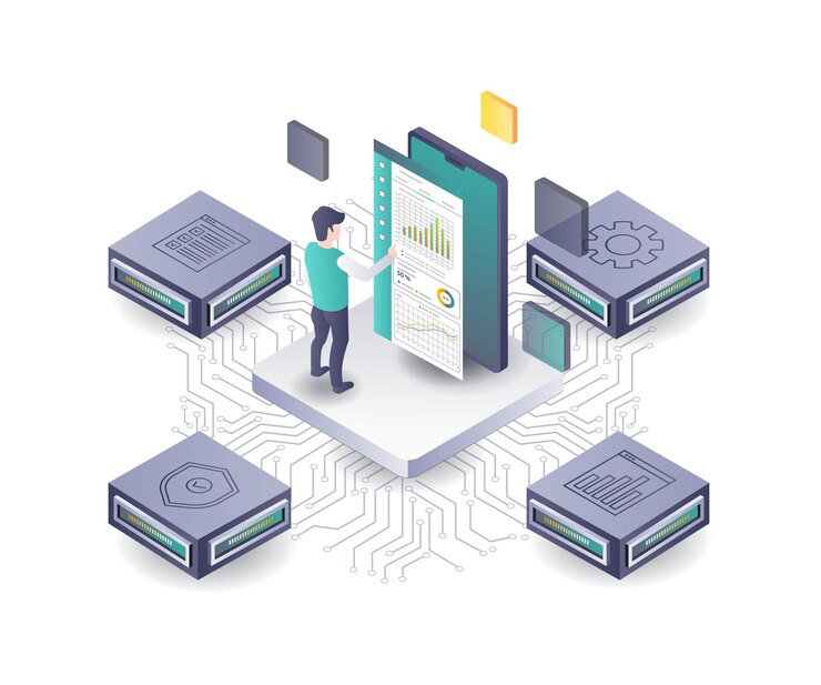 Vector server technology data analysis hub flat isometric illustration