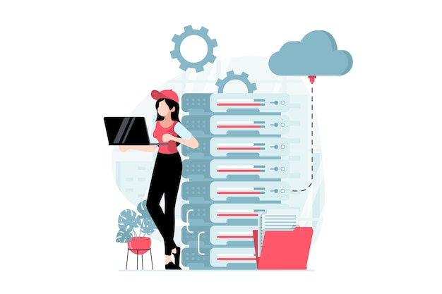 Serveronderhoudsconcept met mensenscène in plat ontwerp Vrouw die werkt als tech-ingenieur en instellingen cloud computing bij serverrekkenruimte Vectorillustratie met karaktersituatie voor web