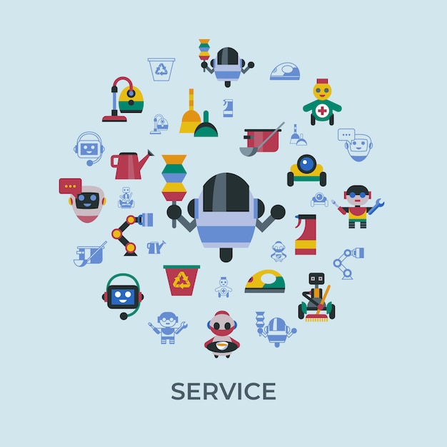 Service and cleaning home robots icons
