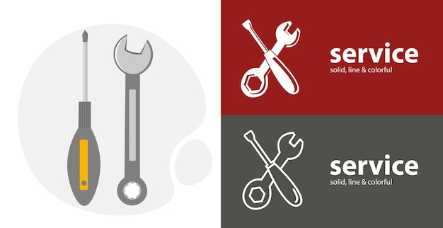 Service icon repair design isolated tool flat icon with screwdriver and wrench solid line icons