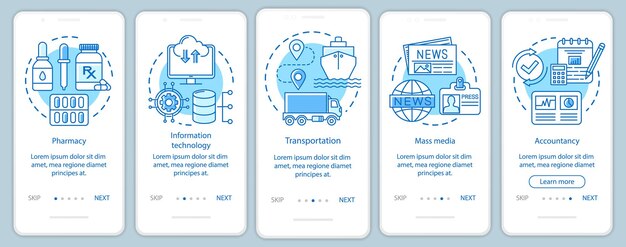 Service-industrieën onboarding paginascherm voor mobiele apps met lineaire concepten. Media, informatietechnologie. Vijf walkthrough stappen grafische instructies. UX, UI, GUI vectorsjabloon met illustraties