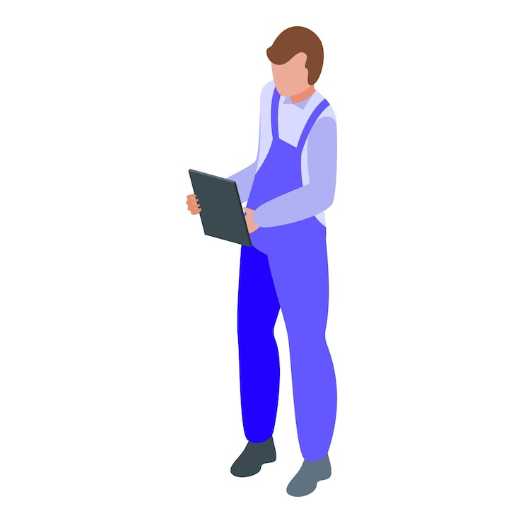 Vector service man holding tablet checking something isometric icon