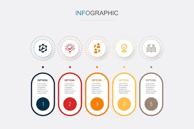 Service Oplossing hulp kwaliteit gids iconen Infographic ontwerpsjabloon Creatief concept met 5 stappen